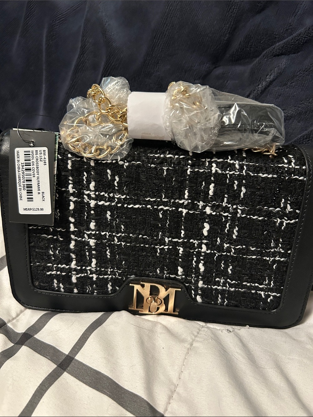 Badgley Mischka Black and White Tweed Crossbody with Gold Chain